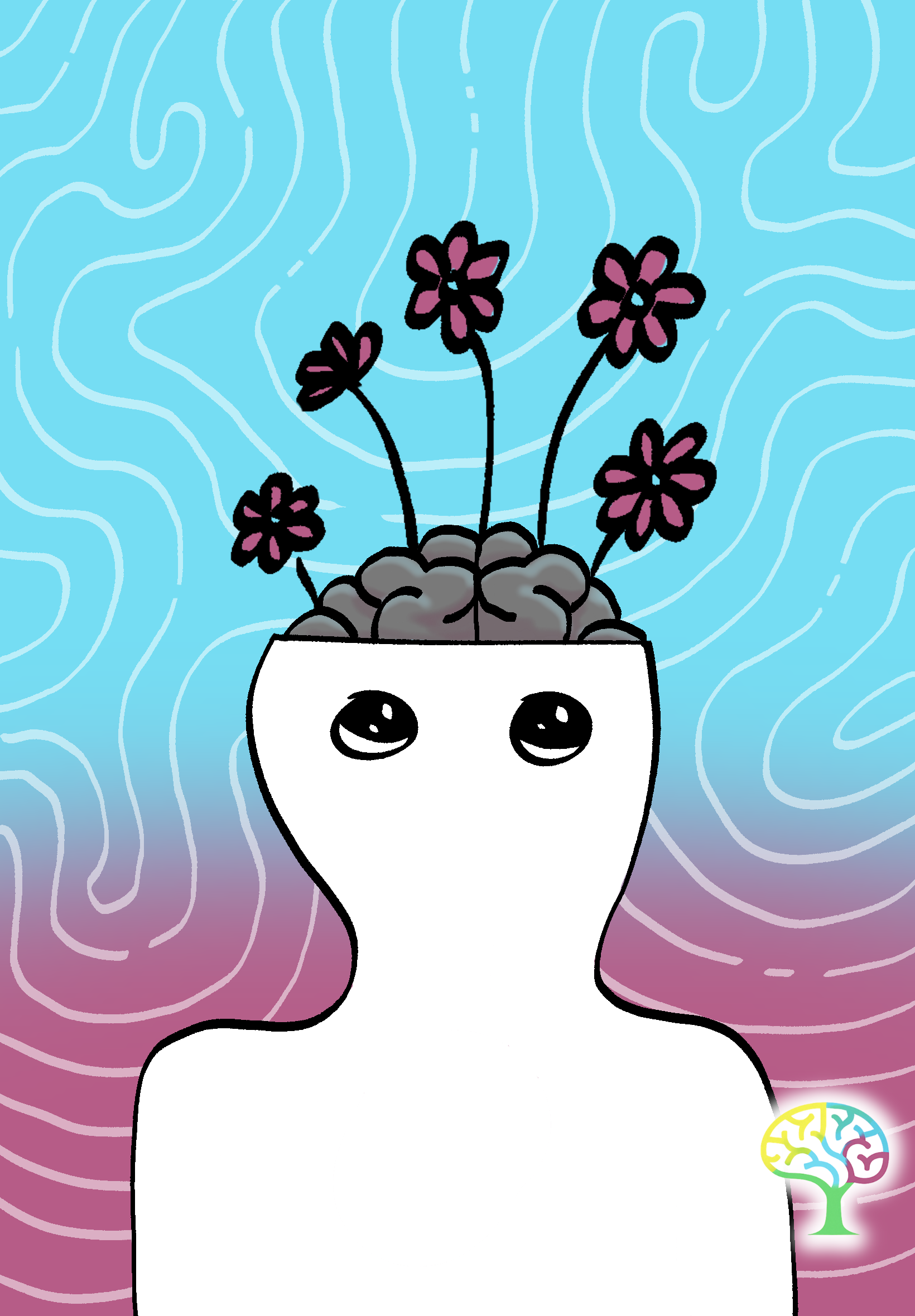 Illustration of a smiling mind with flowers growing from an open head