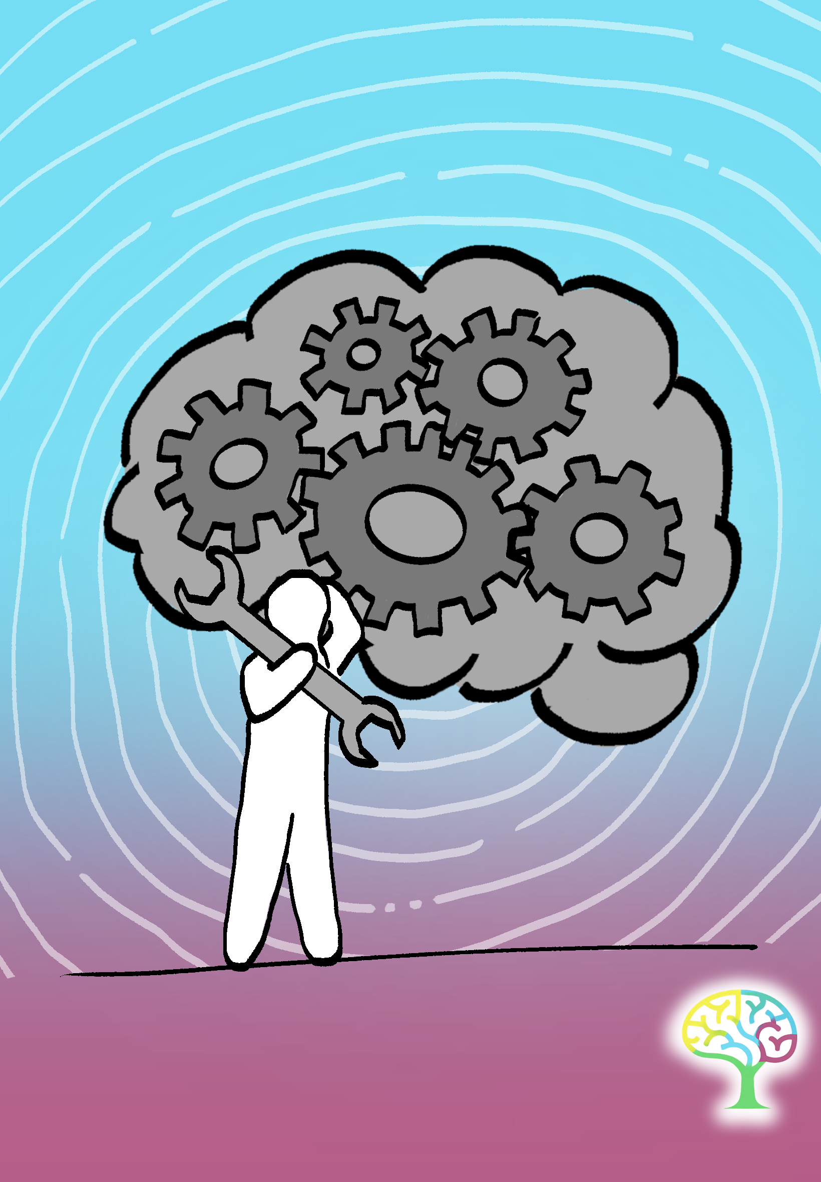 Illustration of a person turning gears inside a large brain